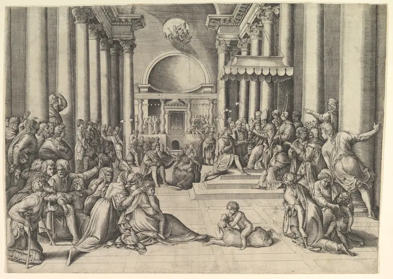 Constantine Presenting the City of Rome to the Holy See, at right, many spectators throughout, a child playing with a dog in the foreground Wall Art by Battista Franco - High-Resolution Digital Print