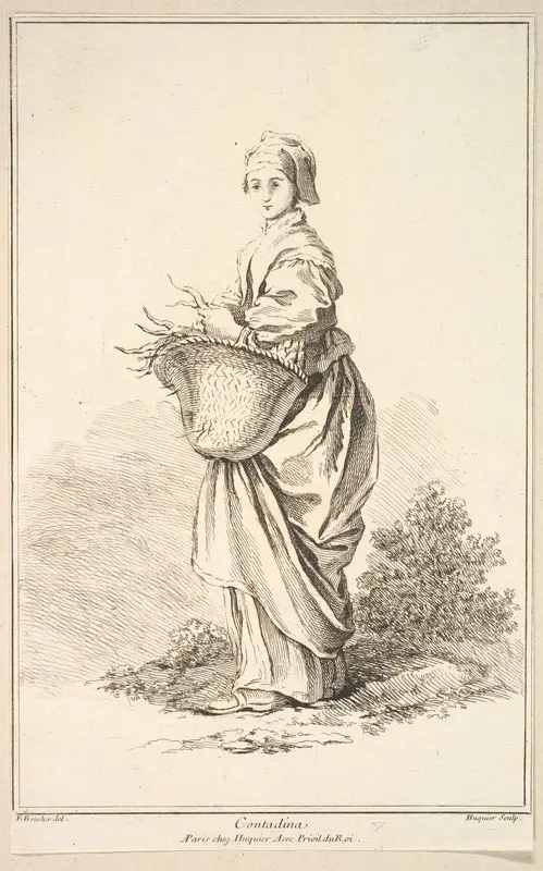Contadina, plate 11 from "Recueil de diverses fig.res étrangeres Inventées par F. Boucher P.tre du Roy et Gravées par F. Ravenet" (Collection of Various Foreign Figures, Devised by F. Boucher, Painter of the King and Engraved [etched] by F. Ravenet) Wall Art by Gabriel Huquier - High-Resolution Digital Print