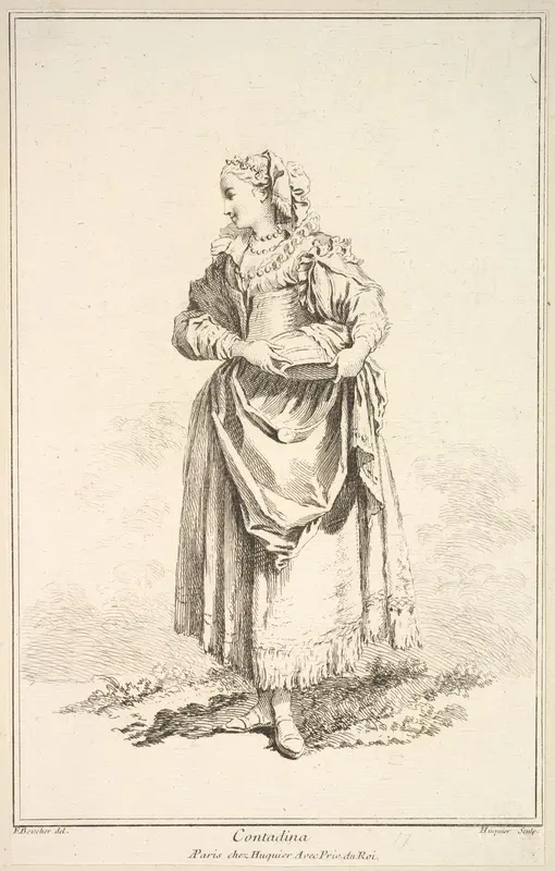 Contadina, plate 7 from "Recueil de diverses fig.res étrangeres Inventées par F. Boucher P.tre du Roy et Gravées par F. Ravenet" (Collection of Various Foreign Figures, Devised by F. Boucher, Painter of the King and Engraved [etched] by F. Ravenet) Wall Art by Gabriel Huquier - High-Resolution Digital Print