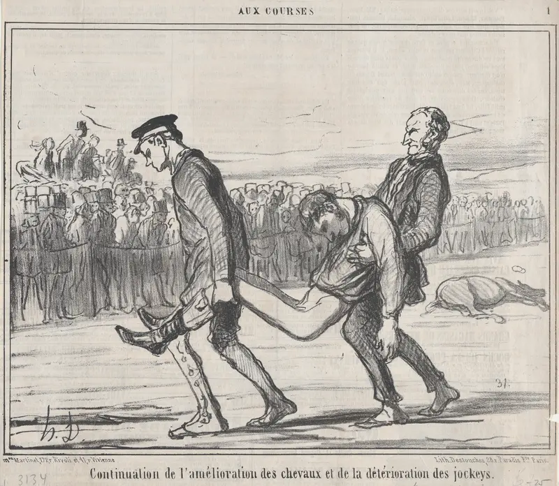 Continuation de l'amélioration des chevauz et de la détérioration des jockeys., from Aux Courses, published in Le Charivari, April 13, 1859 Wall Art by Honoré Daumier - High-Resolution Digital Print