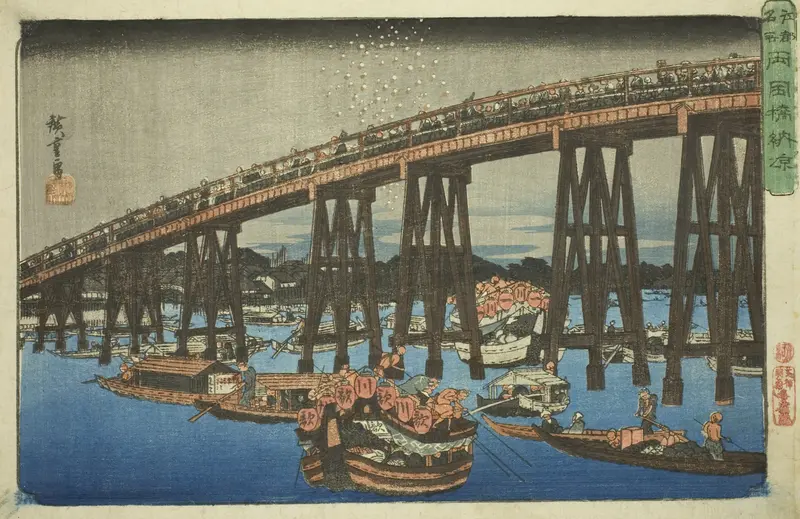 Cooling off at Ryogoku Bridge (Ryogokubashi noryo), from the series "Famous Places in Edo (Koto meisho)"