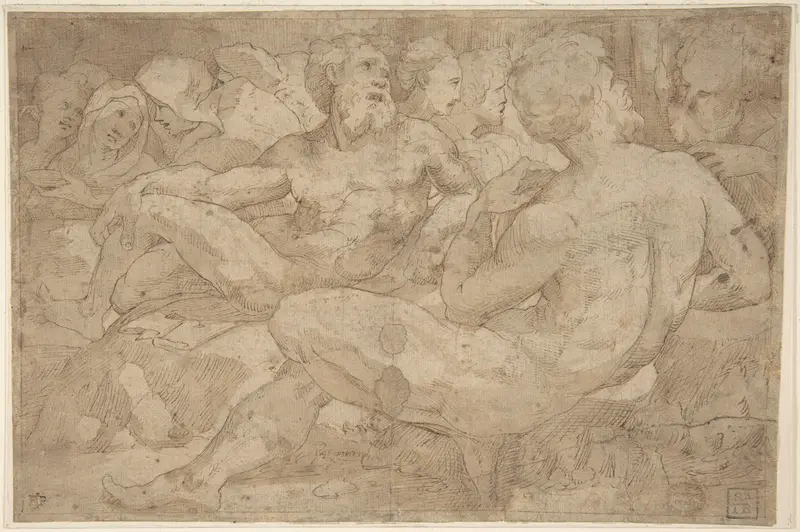 Copy in Reverse Design Orientation: Based on the Group of Reclining Figures at Left in Domenico Beccafumi's Scene of Moses Striking the Rock in the Pavement of Siena Cathedral Wall Art by Domenico Beccafumi - High-Resolution Digital Print
