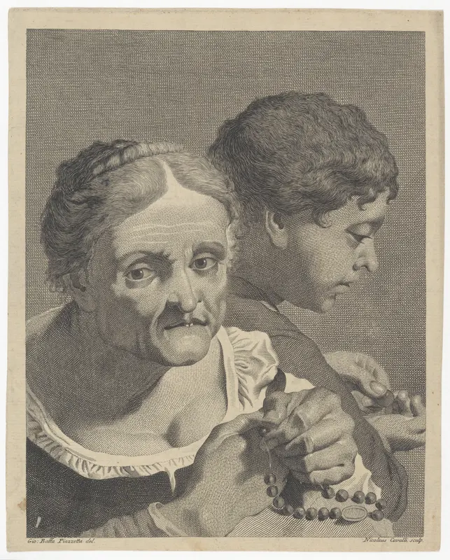 Copy in reverse of an old woman with a rosary and a boy counting coins; plate 10 from 'Icones ad vivum expressae' after Giovanni Battista Piazzetta Wall Art by Niccolò Cavalli - High-Resolution Digital Print