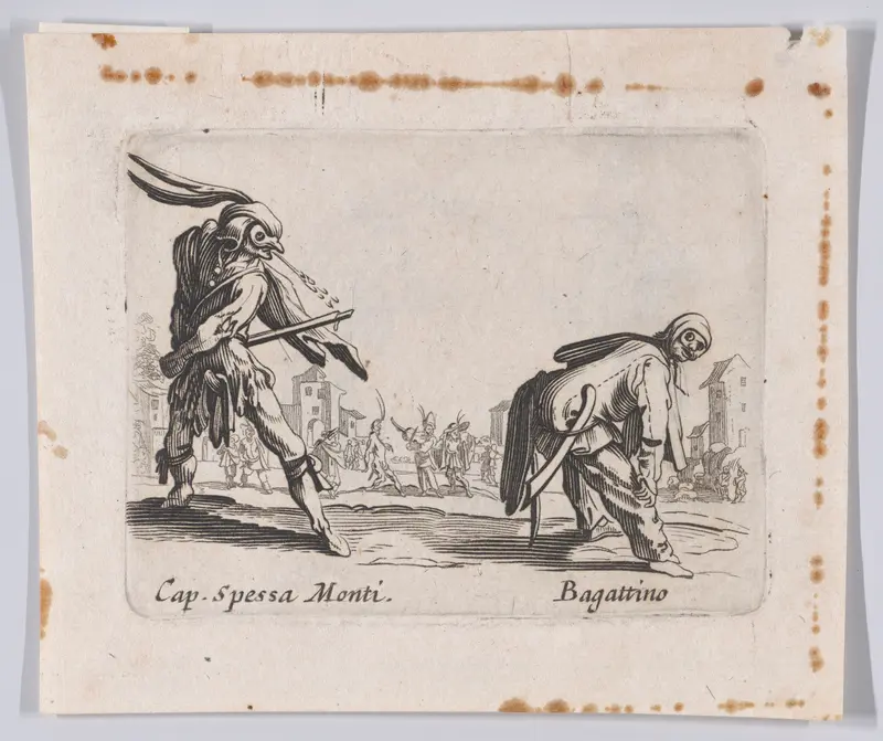 Copy of Capitano Spessa Monti and Bagattino, from "Balli di Sfessania" (Dance of Sfessania) Wall Art by Jacques Callot - High-Resolution Digital Print