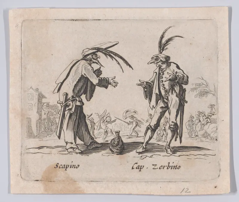 Copy of Scapino and Capitano Zerbino, from "Balli di Sfessania" (Dance of Sfessania) Wall Art by Jacques Callot - High-Resolution Digital Print