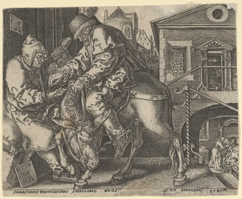 Copy of The Good Samaritan Paying the Innkeeper for the Care of the Wounded Man Wall Art by Heinrich Aldegrever - High-Resolution Digital Print