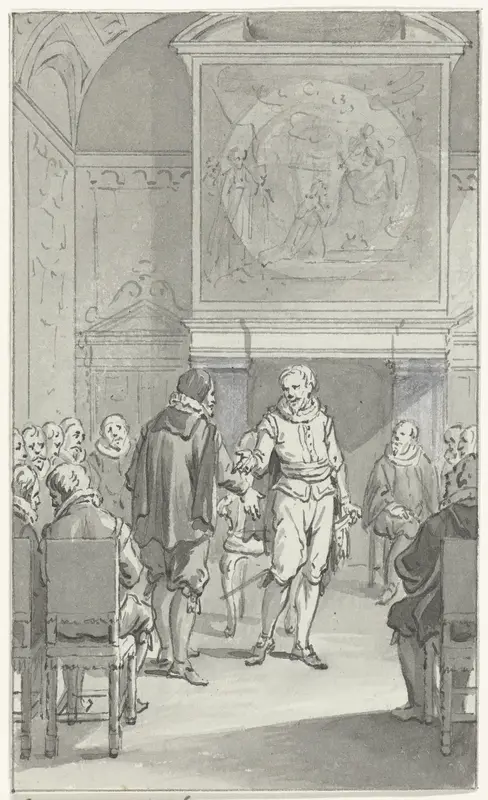 Cornelis Pietersz. Hooft spreekt Prins Maurits aan over de regeringsverandering van Amsterdam, 3 november 1618 Wall Art by Jacobus Buys - High-Resolution Digital Print