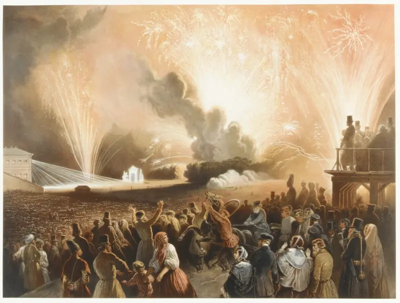 Coronation of Alexander II, Moscow, September 17, 1856: Fireworks Display before the Cadets' Building Wall Art by Achille-Isidore Gilbert - High-Resolution Digital Print