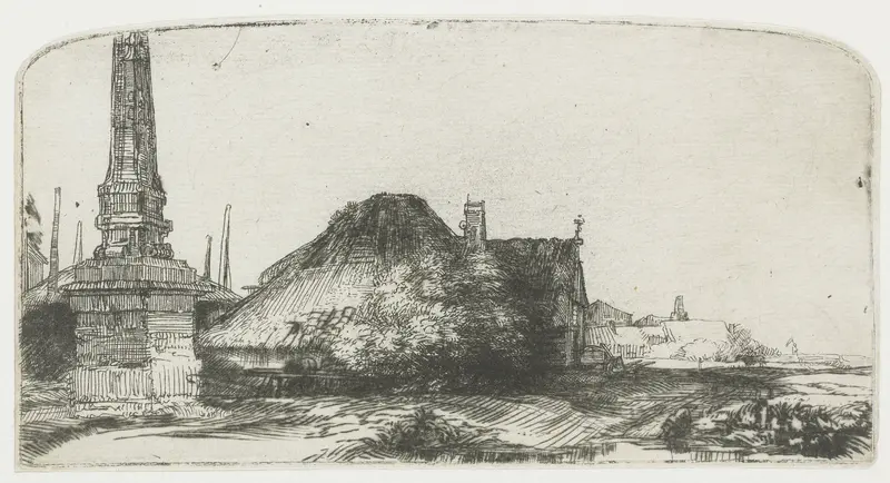 Cottage and boundary post on the Spaarndammerdijk ('L'Obelisque') Wall Art by Rembrandt van Rijn - High-Resolution Digital Print