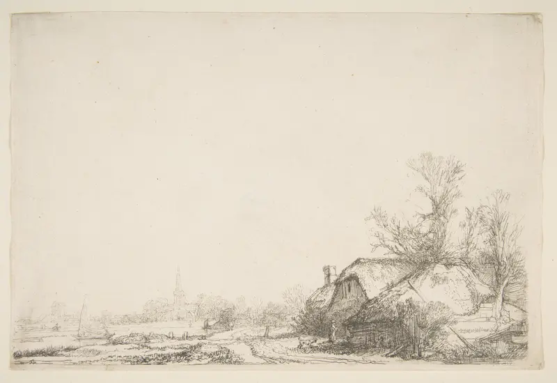 Cottage Beside a Canal with a View of Ouderkerk (counterproof) Wall Art by Rembrandt (Rembrandt van Rijn) - High-Resolution Digital Print
