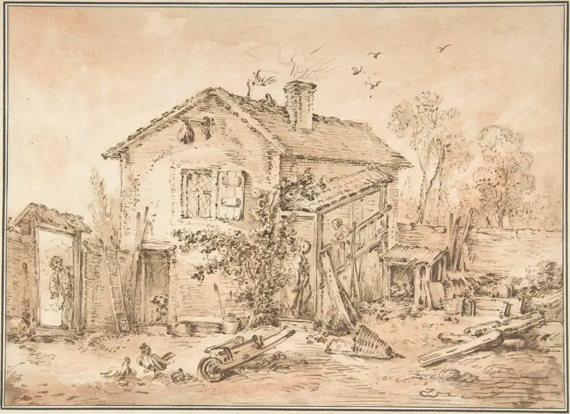 Cottage with Figures Wall Art by François Boucher - High-Resolution Digital Print