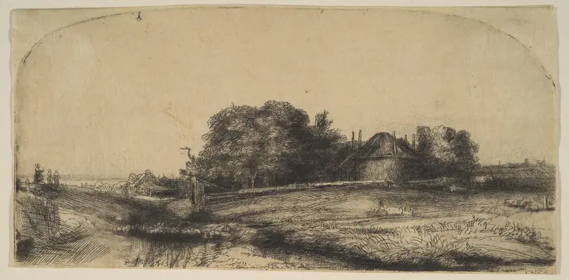 Cottages and a Hay Barn on the Diemerdijk with a Flock of Sheep Wall Art by Rembrandt (Rembrandt van Rijn) - High-Resolution Digital Print