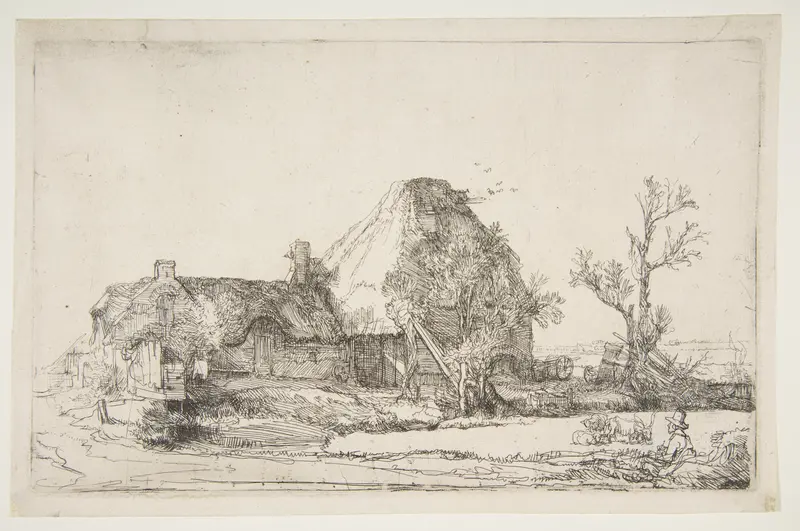Cottages and Farm Buildings with a Man Sketching