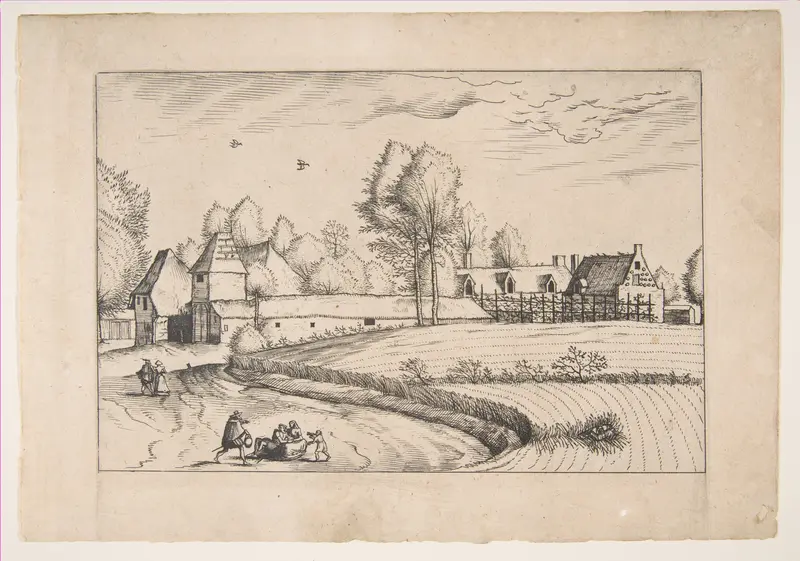 Country Houses, couple and cornfield in the foreground, from the series The Small Landscapes (Praediorum Villarum) Wall Art by The Master of the Small Landscapes - High-Resolution Digital Print
