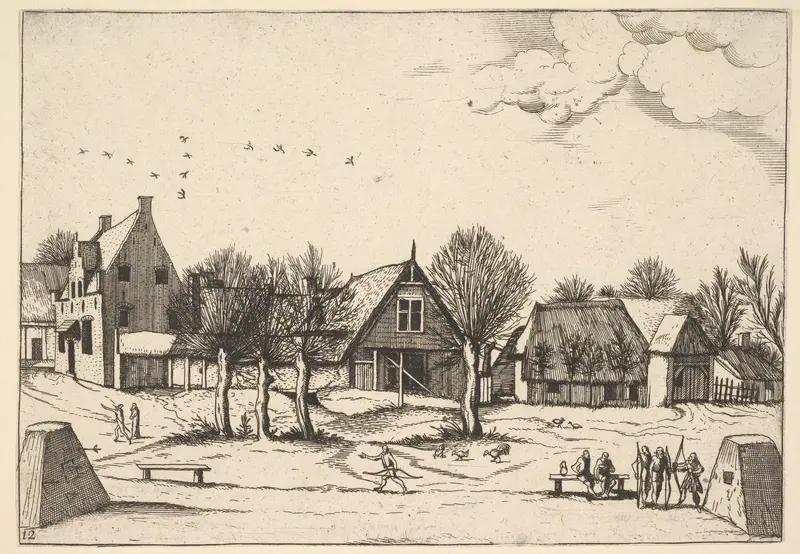 Country Village, archers in the foreground from Multifariarum casularum ruriumque lineamenta curiose ad vivum expressa Wall Art by Johannes van Doetecum I - High-Resolution Digital Print
