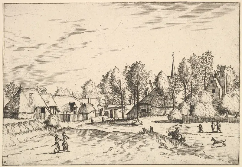 Country Village with Church Tower from Multifariarum casularum ruriumque lineamenta curiose ad vivum expressa Wall Art by Johannes van Doetecum I - High-Resolution Digital Print