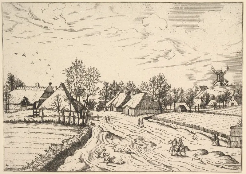 Country Village with Post Mill from Multifariarum casularum ruriumque lineamenta curiose ad vivum expressa Wall Art by Johannes van Doetecum I - High-Resolution Digital Print