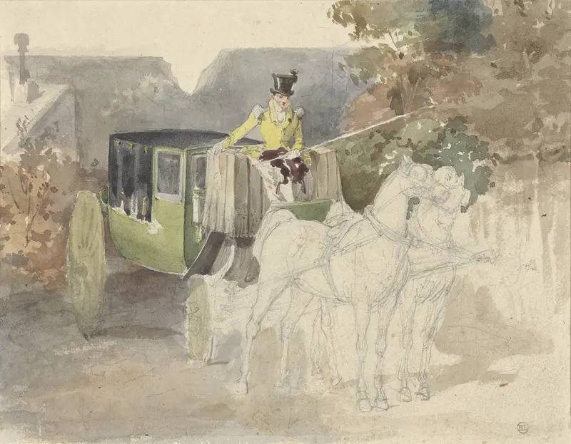 Coupétje met twee paarden, in bosrijke omgeving Wall Art by Eugène Louis Lami - High-Resolution Digital Print