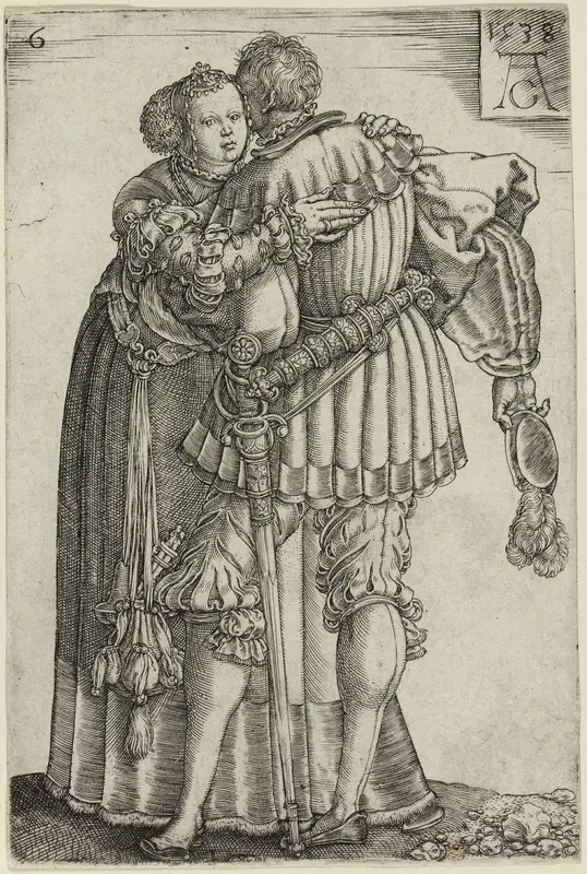 Couple Embracing, plate six from The Large Wedding-Dancers Wall Art by Heinrich Aldegrever - High-Resolution Digital Print
