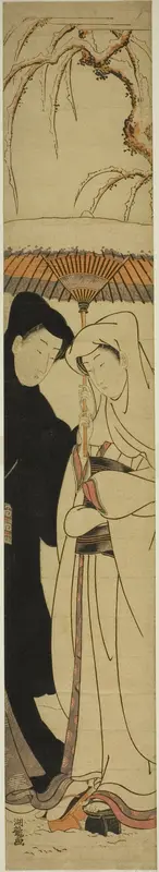 Couple Sharing an Umbrella Under the Snow Wall Art by Isoda Koryusai - High-Resolution Digital Print