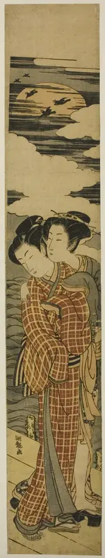 Couple Standing on a Pier Embracing on a Moonlit Night Wall Art by Isoda Koryusai - High-Resolution Digital Print