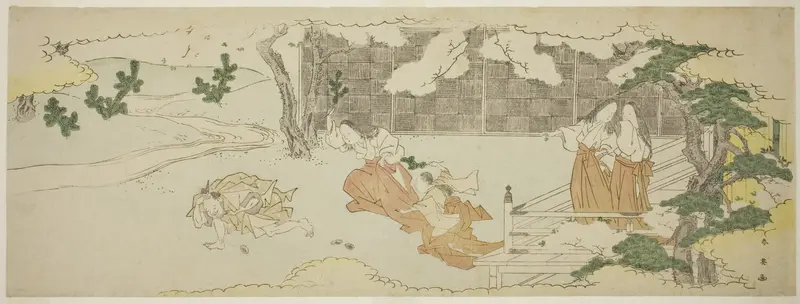 Court Ladies on a Balcony Watching a Woman and a Girl Chasing a Man in the Yard under Blossoming Cherry Trees