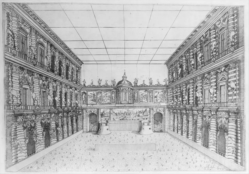 Court of Palazzo Pitti decorated with Candelabra, from an Album with Plates Documenting the Festivities of the 1589 Wedding of Ferdinand I and Christine of Lorraine Wall Art by Orazio Scarabelli - High-Resolution Digital Print