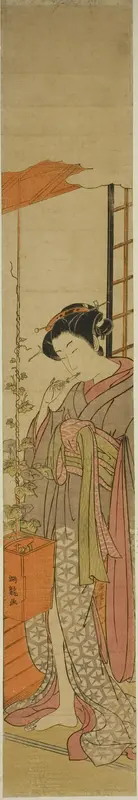 Courtesan Admiring Morning Glories while Cleaning Her Teeth