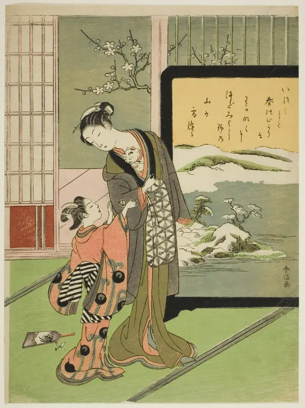 Courtesan and Her Child Attendant Playing with a Cat Wall Art by Suzuki Harunobu - High-Resolution Digital Print