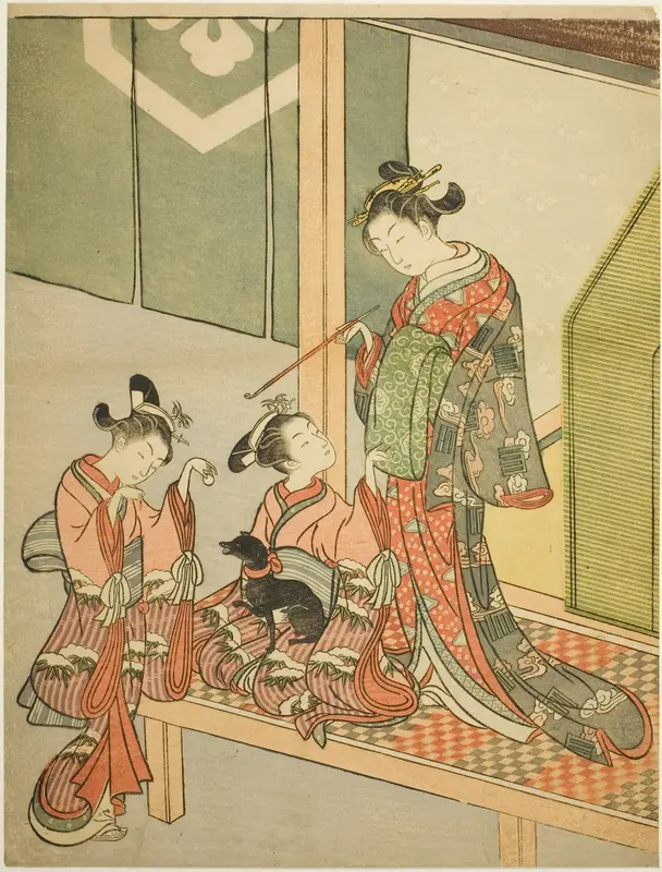 Courtesan and Two Attendants Playing with a Dog Wall Art by Suzuki Harunobu - High-Resolution Digital Print