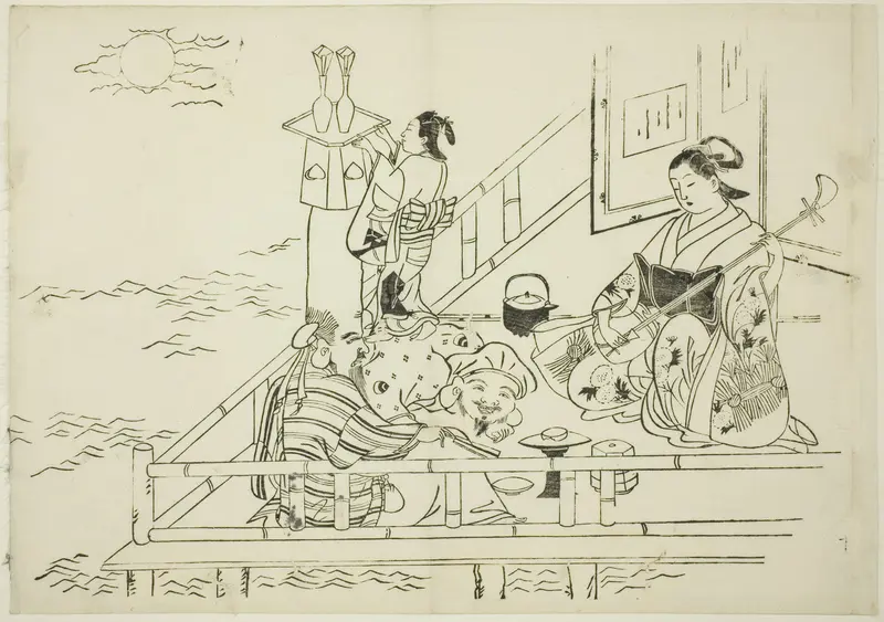 Courtesan entertaining Daikoku and Fukurokuju, no. 10 from a series of 12 prints