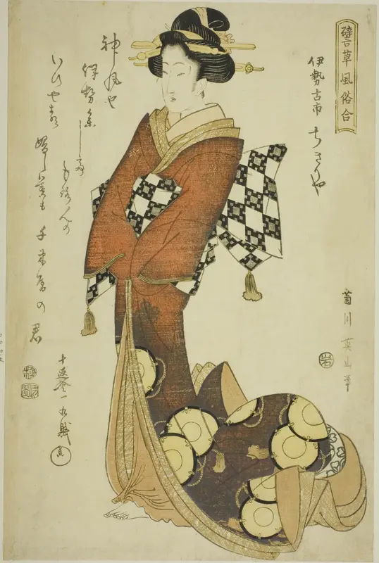 Courtesan of the Chikiriya in Furuichi, Ise Province, from the series "Comparison of Proverbs and Customs (Tatoegusa fuzoku awase)"
