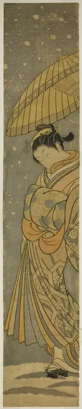 Courtesan on Parade in Falling Snow Wall Art by Suzuki Harunobu - High-Resolution Digital Print