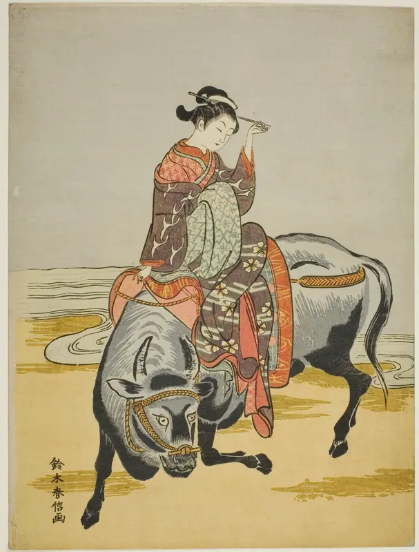 Courtesan Riding an Ox Wall Art by Suzuki Harunobu - High-Resolution Digital Print