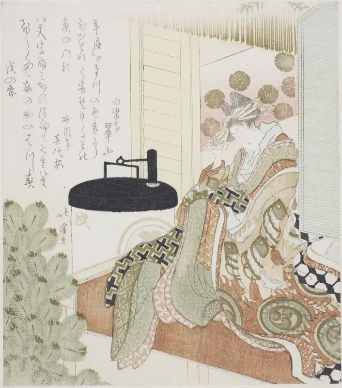 Courtesan sitting on a veranda next to a lantern