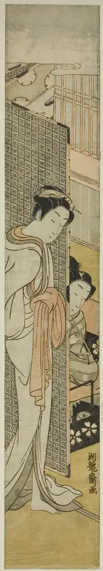 Courtesan Standing Behind Screen and Young Man Smoking Wall Art by Isoda Koryusai - High-Resolution Digital Print