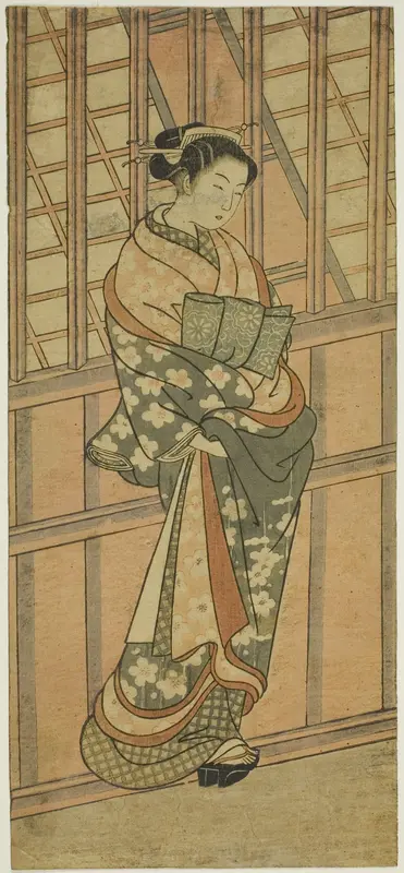 Courtesan Standing in Front of a Barred Window Wall Art by Ishikawa Toyonobu - High-Resolution Digital Print
