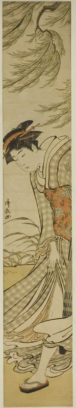 Courtesan Walking Under a Willow Tree on a Breezy Day