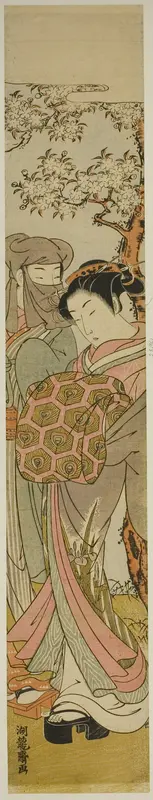 Courtesan Walking with Veiled Man under Cherry Tree Wall Art by Isoda Koryusai - High-Resolution Digital Print