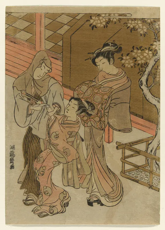 Courtesan Watching her Attendant Detain Hooded Man Wall Art by Isoda Koryusai - High-Resolution Digital Print