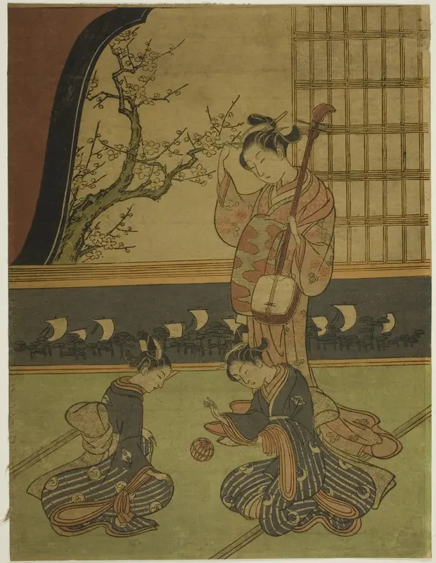 Courtesan Watching Her Attendants Playing with a Ball Wall Art by Suzuki Harunobu - High-Resolution Digital Print