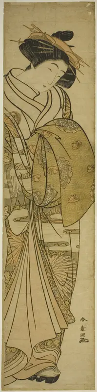 Courtesan Wearing a Chrysanthemum-Patterned Kimono Wall Art by Katsukawa Shunsho - High-Resolution Digital Print