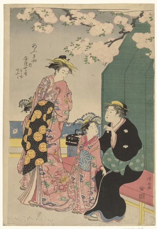 Courtesan with two attendants under cherryblossom Wall Art by Unknown - High-Resolution Digital Print