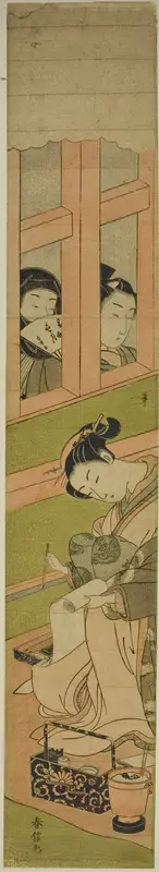 Courtesan Writing a Letter as Two Men Watch through a Window Lattice