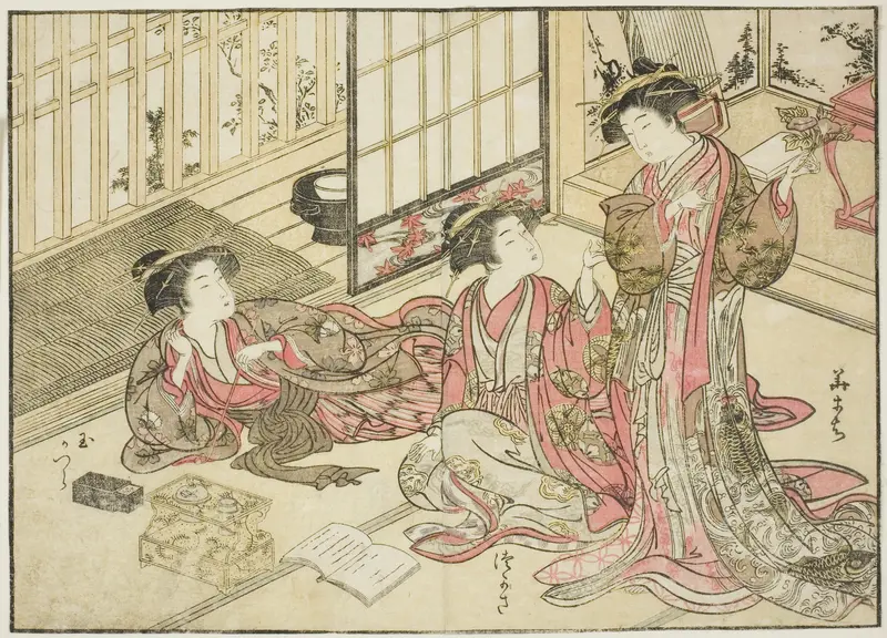Courtesans of Kado Daikokuya, from the book "Mirror of Beautiful Women of the Pleasure Quarters (Seiro bijin awase sugata kagami)," vol. 2