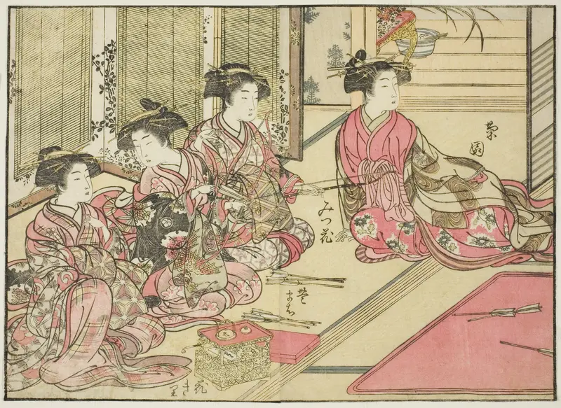 Courtesans of Kiriya, from the book "Mirror of Beautiful Women of the Pleasure Quarters (Seiro bijin awase sugata kagami)," vol. 2