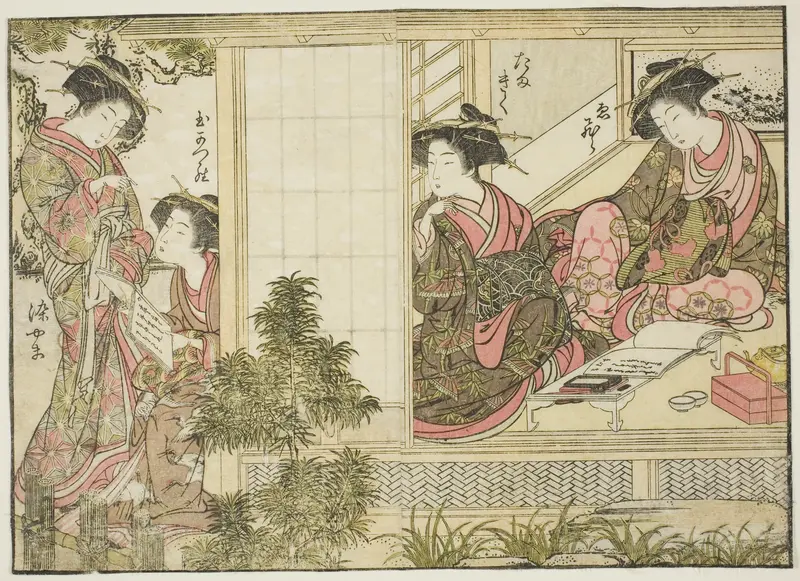 Courtesans of Oebuji, from the book "Mirror of Beautiful Women of the Pleasure Quarters (Seiro bijin awase sugata kagami)," vol. 2 Wall Art by Kitao Shigemasa - High-Resolution Digital Print