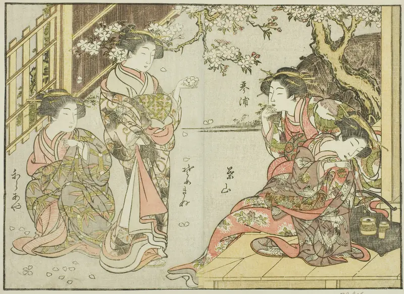 Courtesans of the Asahimaruya, from the book "Mirror of Beautiful Women of the Pleasure Quarters (Seiro bijin awase sugata kagami)," vol. 1 Wall Art by Katsukawa Shunsho - High-Resolution Digital Print