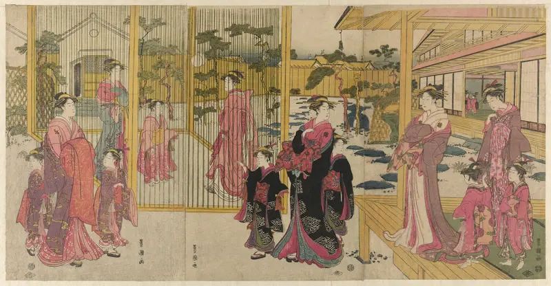 Courtesans of the Chojiya and their attendants playing kemari