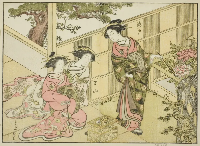 Courtesans of the Chojiya, from the book "A Comparison of Beauties of the Green Houses: A Mirror of Their Forms (Seiro bijin awase sugata kagami)," vol. 1 Wall Art by Katsukawa Shunsho - High-Resolution Digital Print